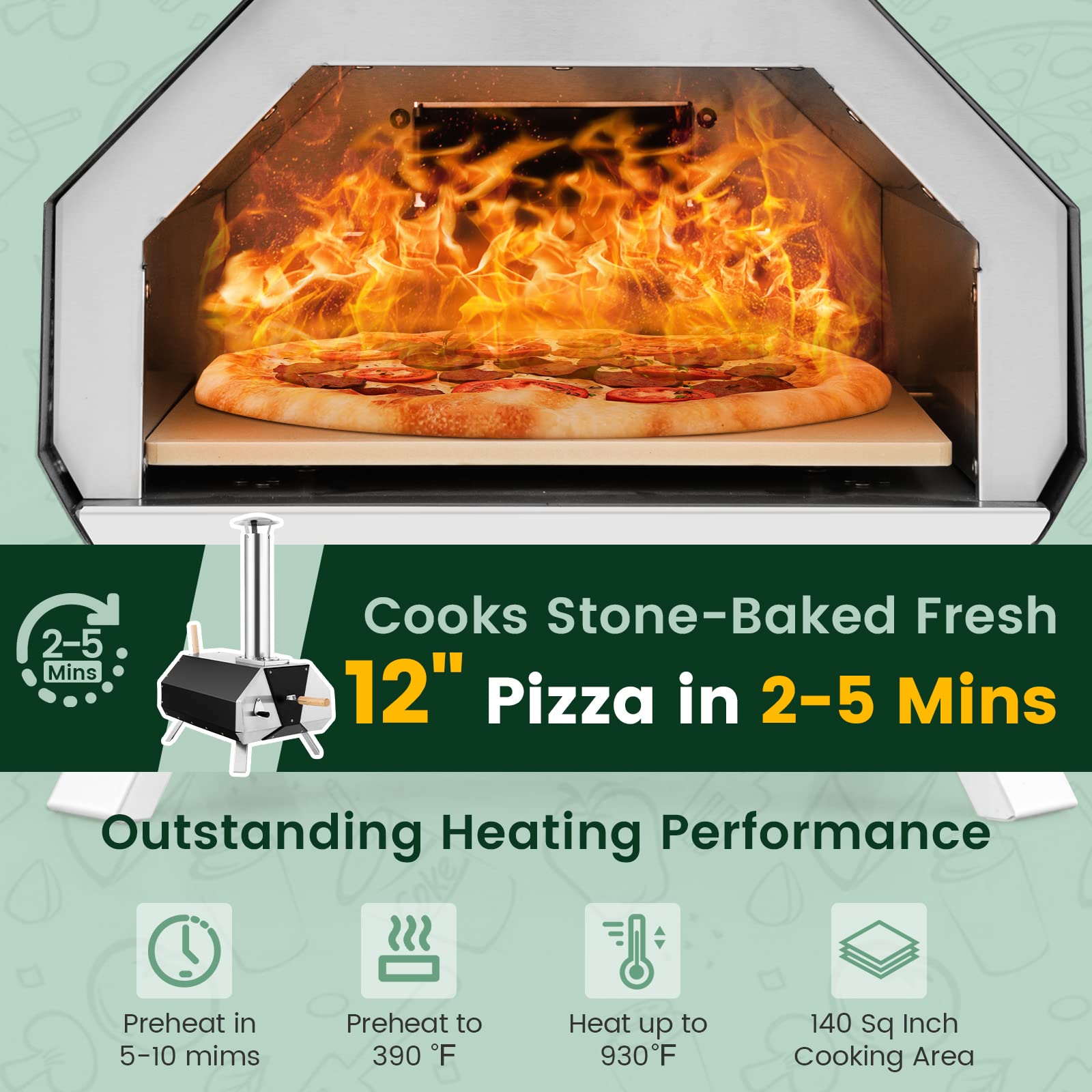 Giantex Outdoor Pizza Oven, Wood Pellet Fired Pizza Grill with 12' Pizza Stone, Pizza Peel, (Black & Silver)