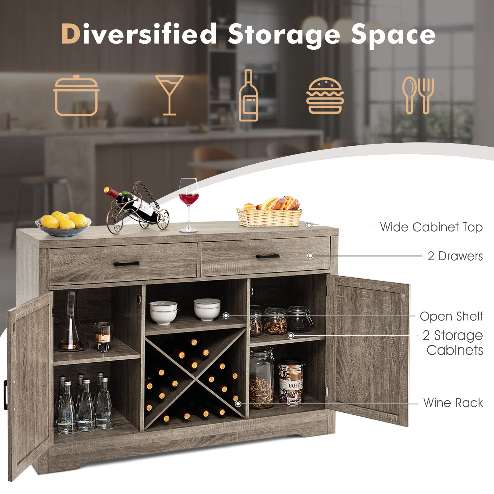 Giantex Buffet Cabinet, Farmhouse Sideboard with 2 Large Storage Drawers, Detachable Wine Rack(Gray)