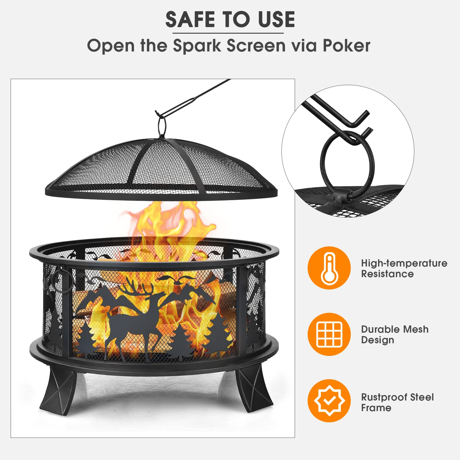 26 Inch Outdoor Firepit for Backyard, Garden and Patio Bonfires with Spark Screen