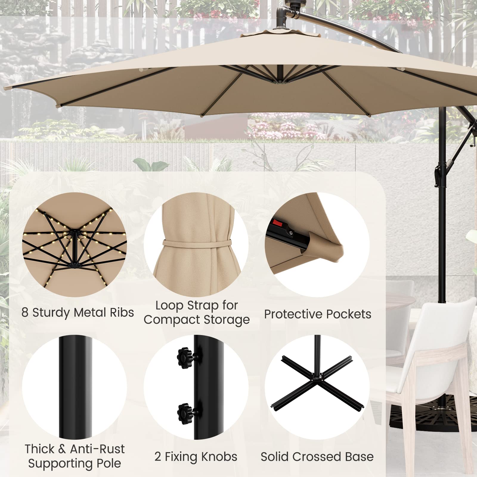 Giantex 10 ft Offset Patio Umbrella with 112 Solar Lights, Outdoor Cantilever Umbrellas with 8 Ribs