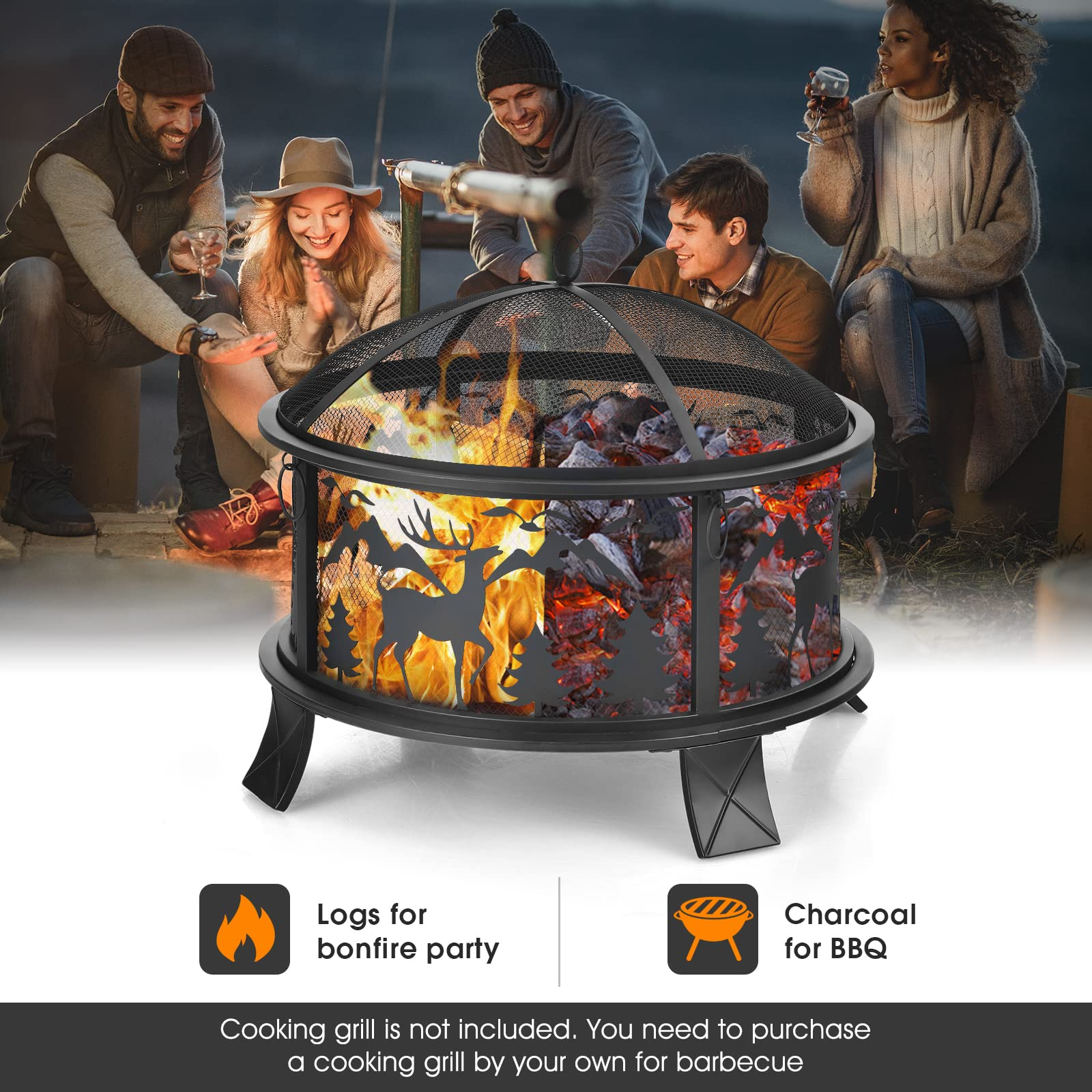 26 Inch Outdoor Firepit for Backyard, Garden and Patio Bonfires with Spark Screen