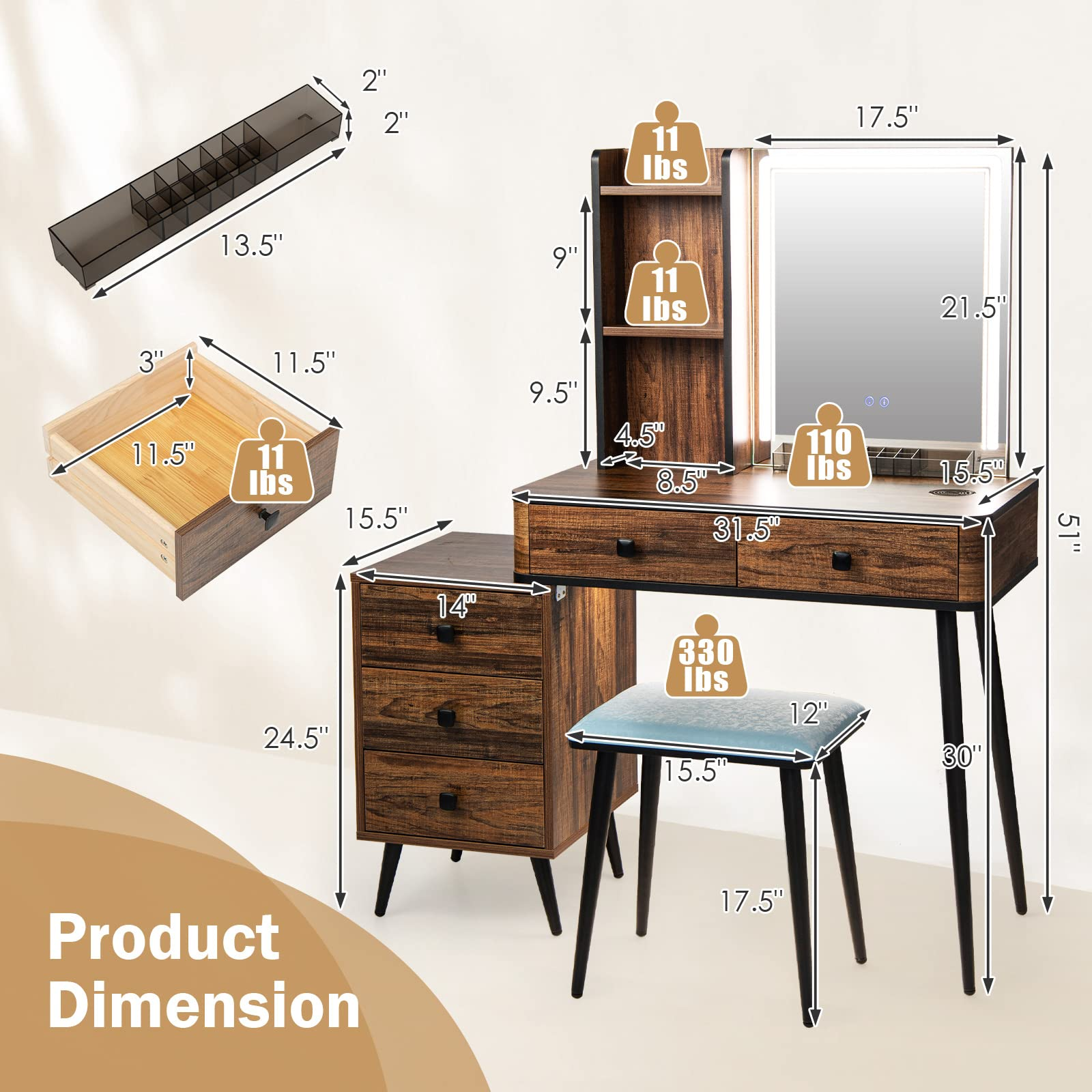 CHARMAID Vanity Set with Dimmable Lighted Mirror