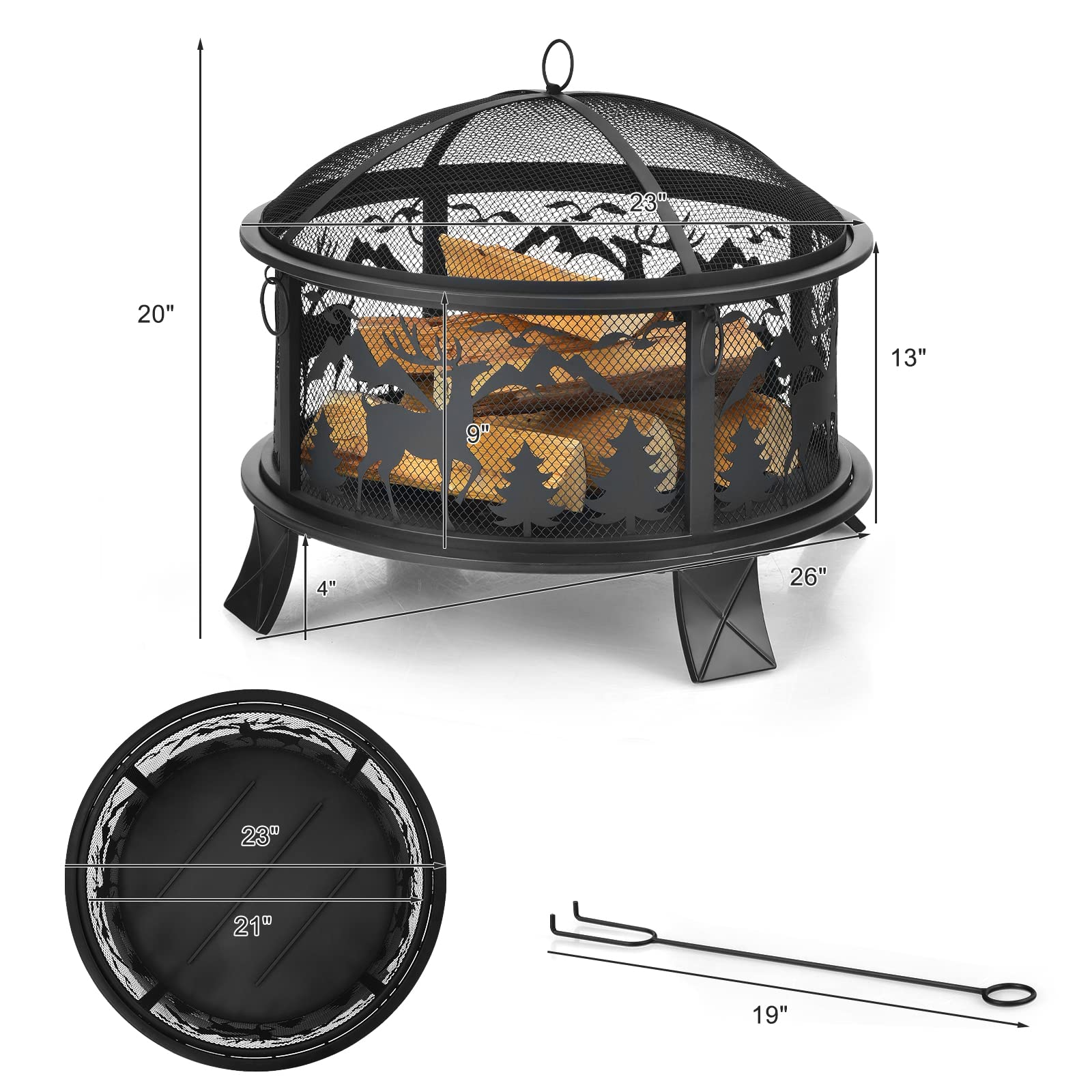 26 Inch Outdoor Firepit for Backyard, Garden and Patio Bonfires with Spark Screen