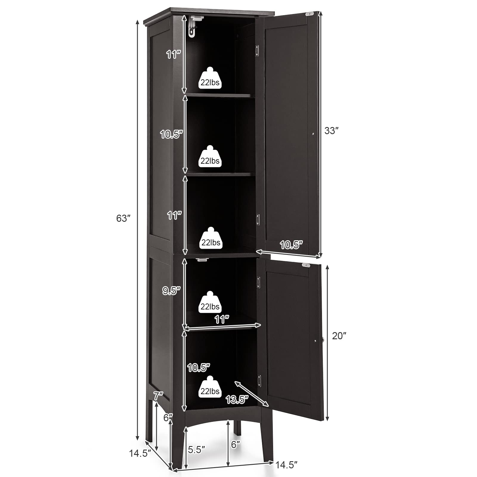 Storage Cabinet Bathroom High Cabinet with 5 Tier Shelves