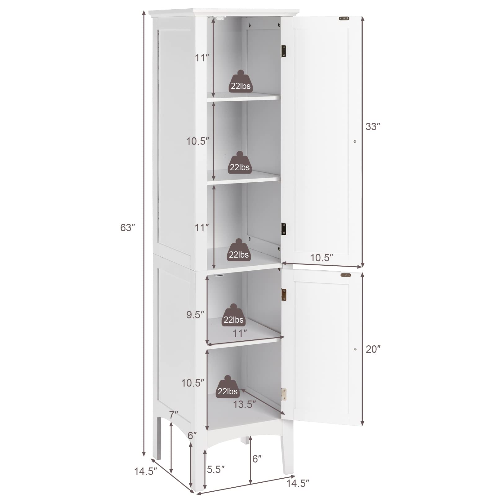 Storage Cabinet Bathroom High Cabinet with 5 Tier Shelves