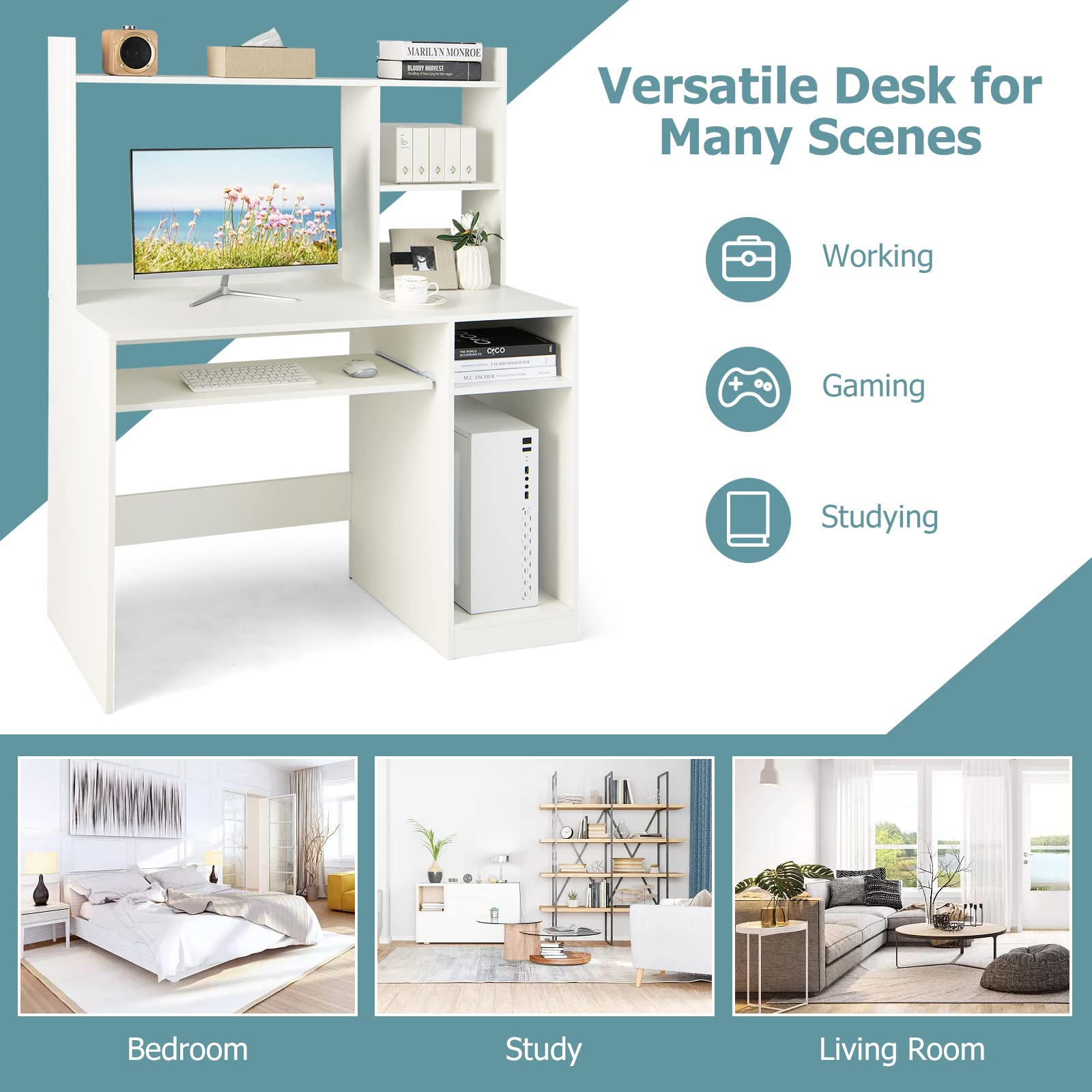 Giantex White Computer Desk with Hutch and Bookshelf