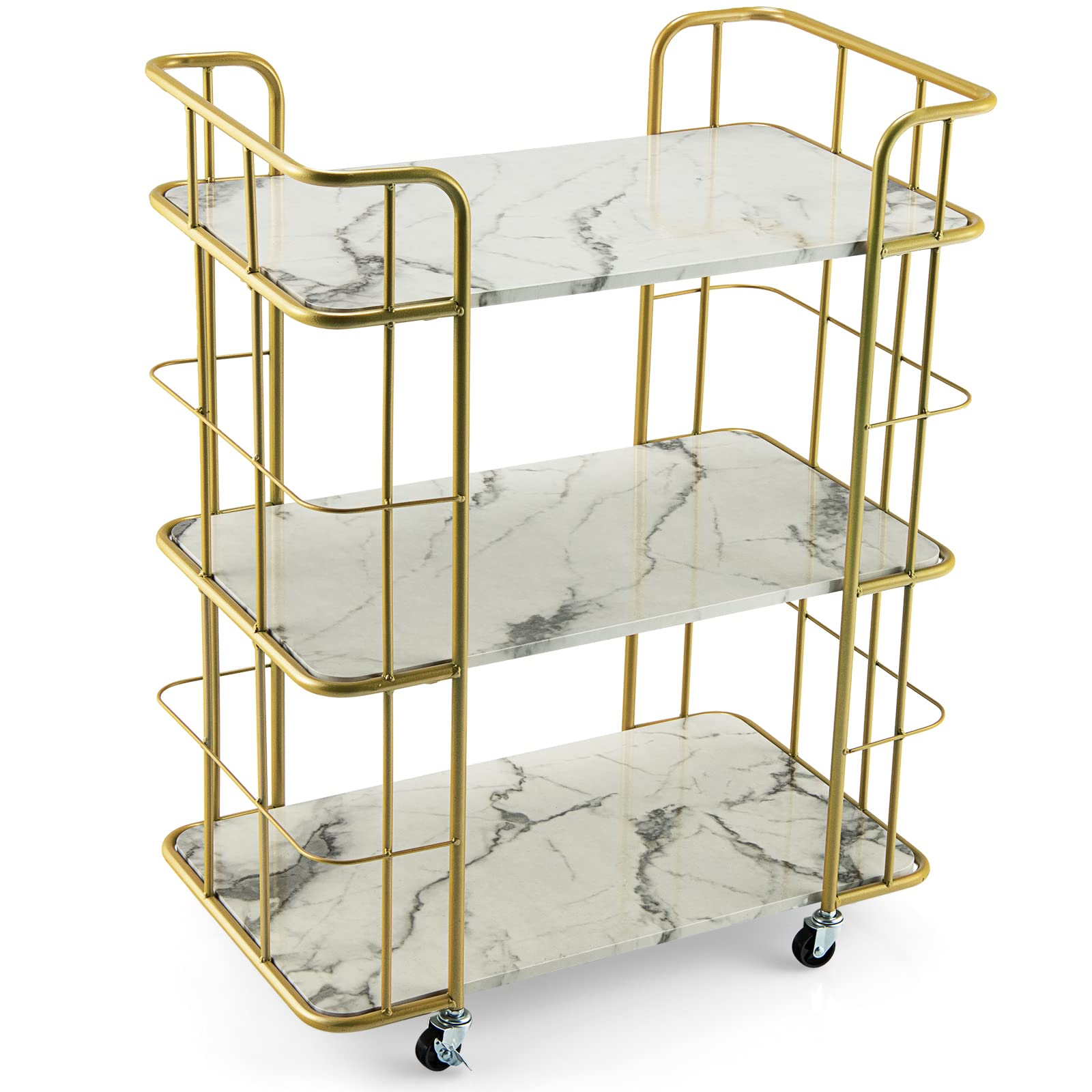 Giantex Gold Bar Cart, Home Island Service Cart, 3 Tier Storage Shelves with Guardrail, White