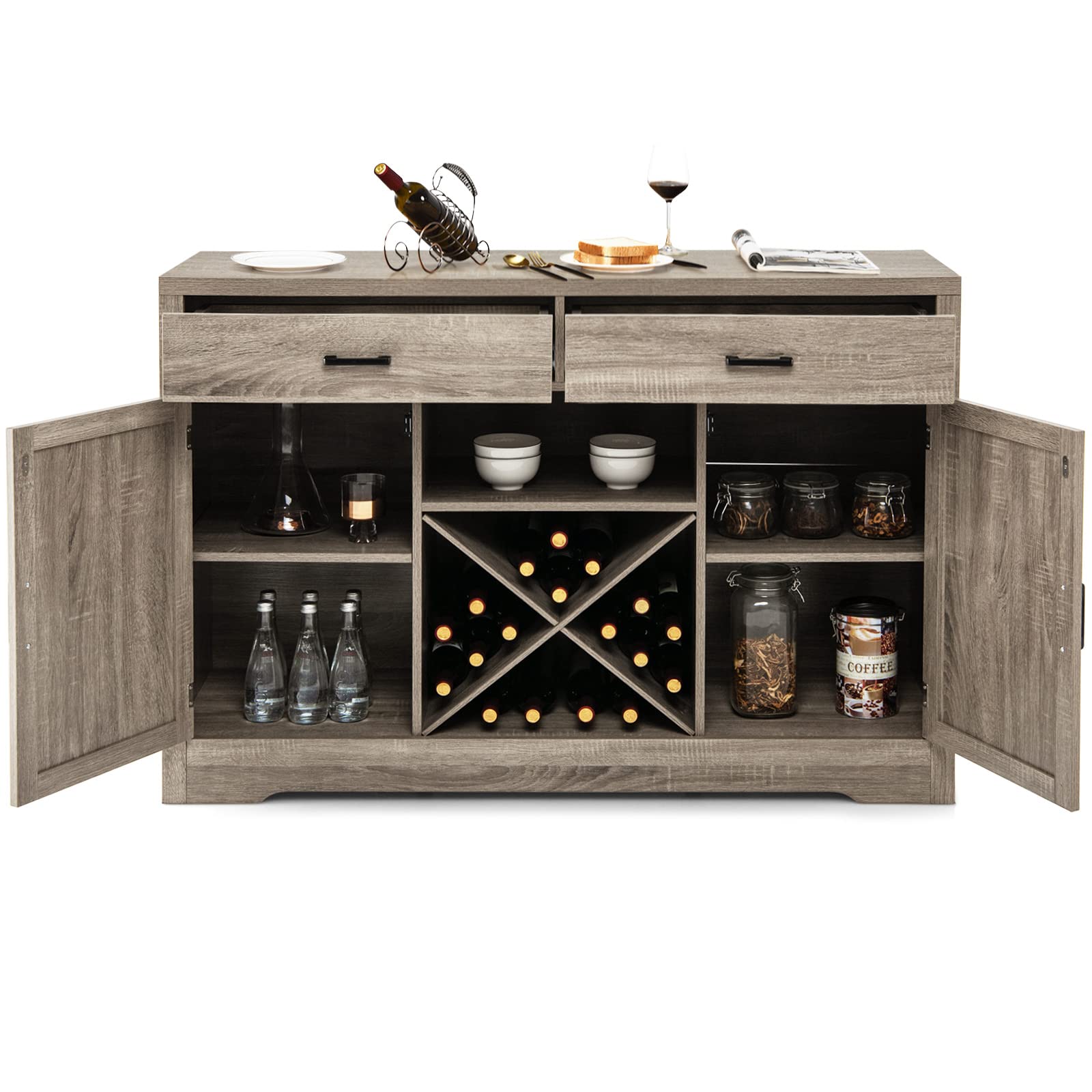 Giantex Buffet Cabinet, Farmhouse Sideboard with 2 Large Storage Drawers, Detachable Wine Rack(Gray)