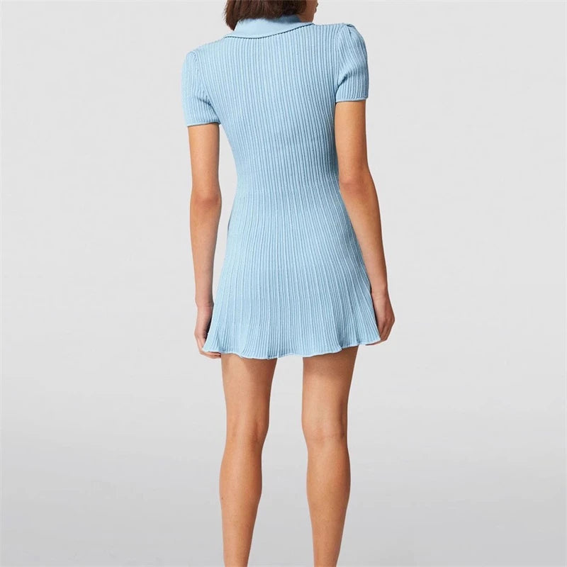 Polo Neck Short Sleeve Multi Pocket Knitted Dress