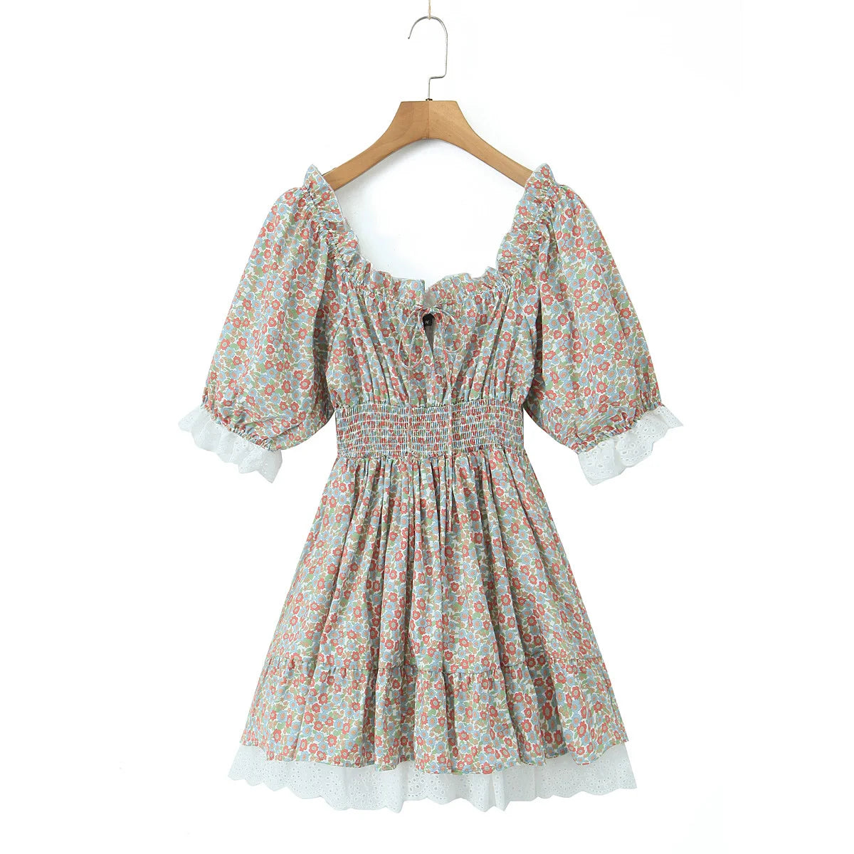 Flower Print Puff Sleeve Elastic Waist Ruffle Hem Mini Dress