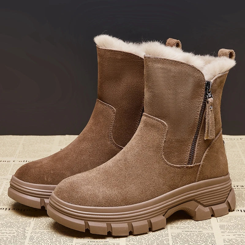 Suede Leather Snow Boots Side Zipper Warm Plush Boot
