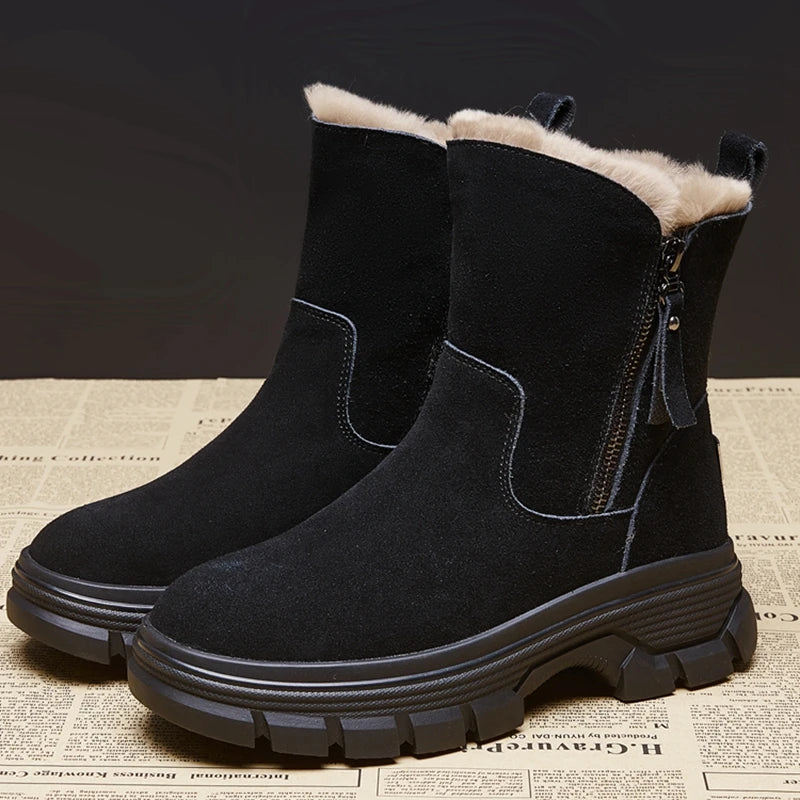 Suede Leather Snow Boots Side Zipper Warm Plush Boot