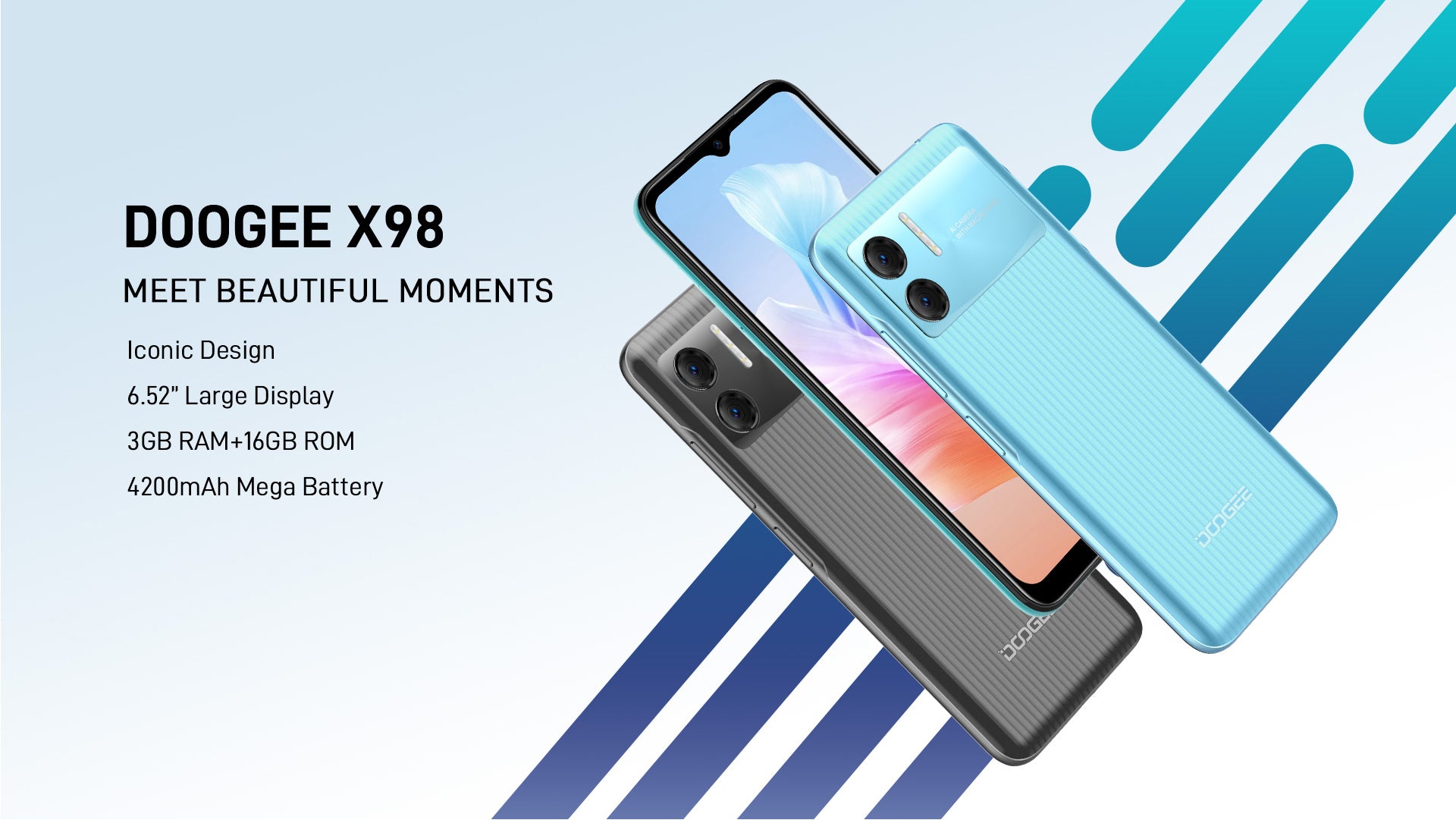 X98 Detail Page Slogan: Meet Beautiful Moments Iconic Design 6.52” Large Display 3GB RAM+16GB ROM 4200mAh Mega Battery