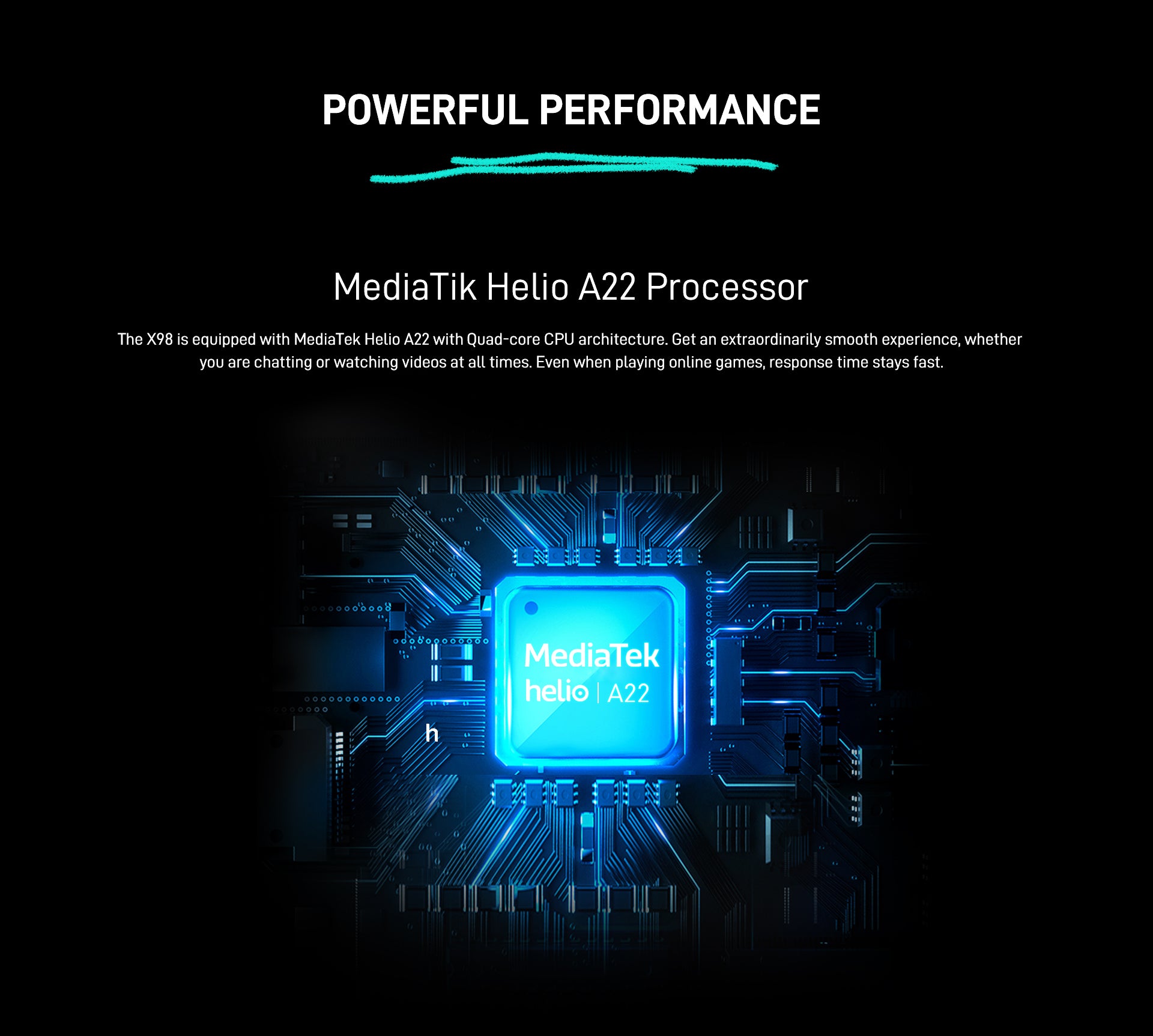 Powerful Performance MediaTik Helio A22 Processor The X98 is equipped with MediaTek Helio A22 with 	Quad-core CPU architecture. Get an extraordinarily smooth experience, whether you are chatting or watching videos at all times. Even when playing online games, response time stays fast.