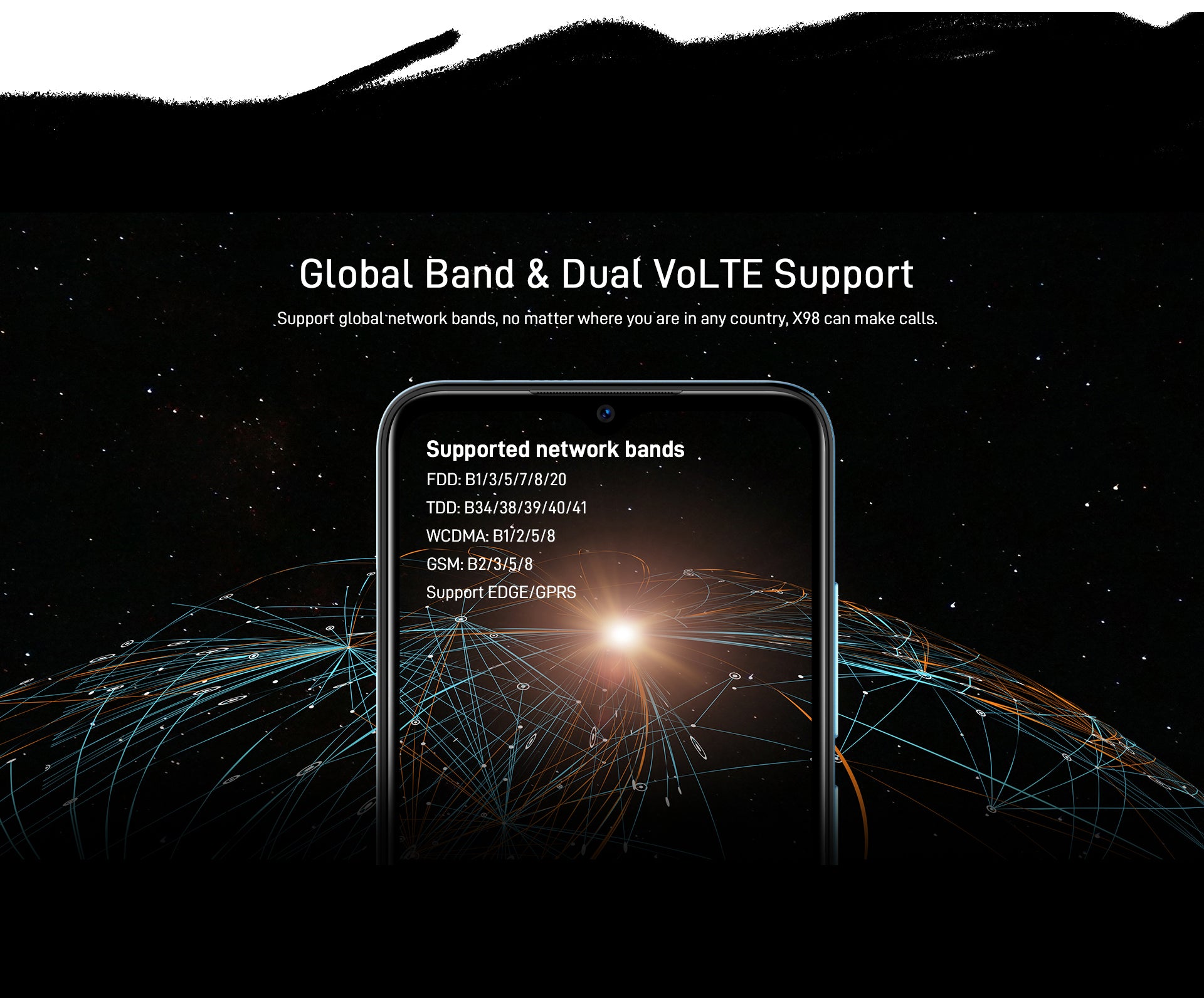 Global Band & Dual VoLTE Support Support global network bands, no matter where you are in any country, X98 can make calls.  Supported network bands FDD: B1/3/5/7/8/20 TDD: B34/38/39/40/41 WCDMA: B1/2/5/8 GSM: B2/3/5/8 Support EDGE/GPRS