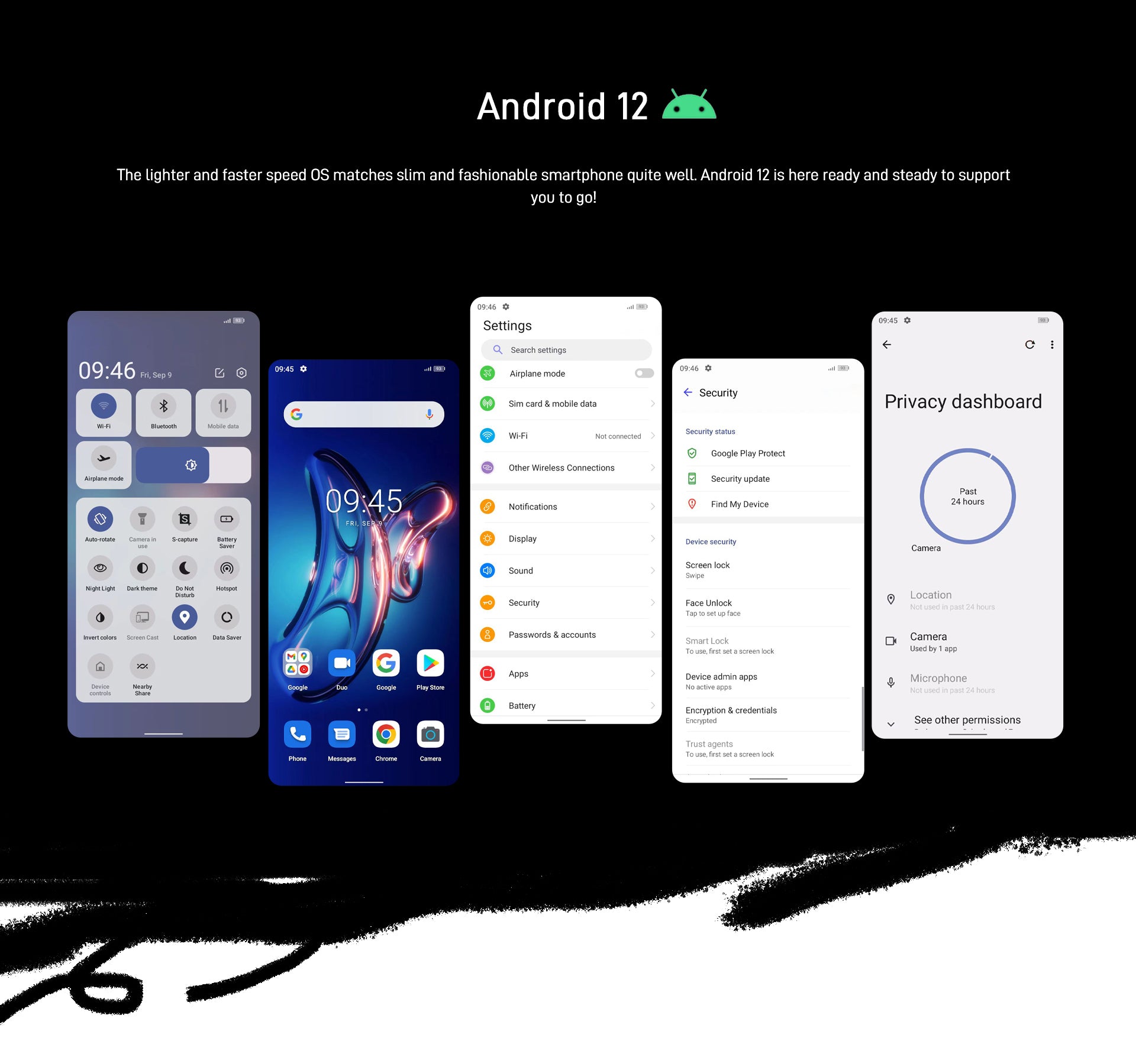 Android 12 The lighter and faster speed OS matches slim and fashionable smartphone quite well. Android 12 is here ready and steady to support you to go!