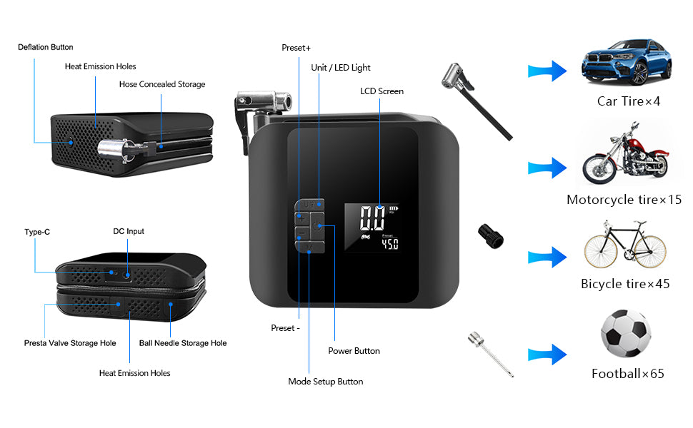 110v/ dc--12v car portable air compressor tire inflator