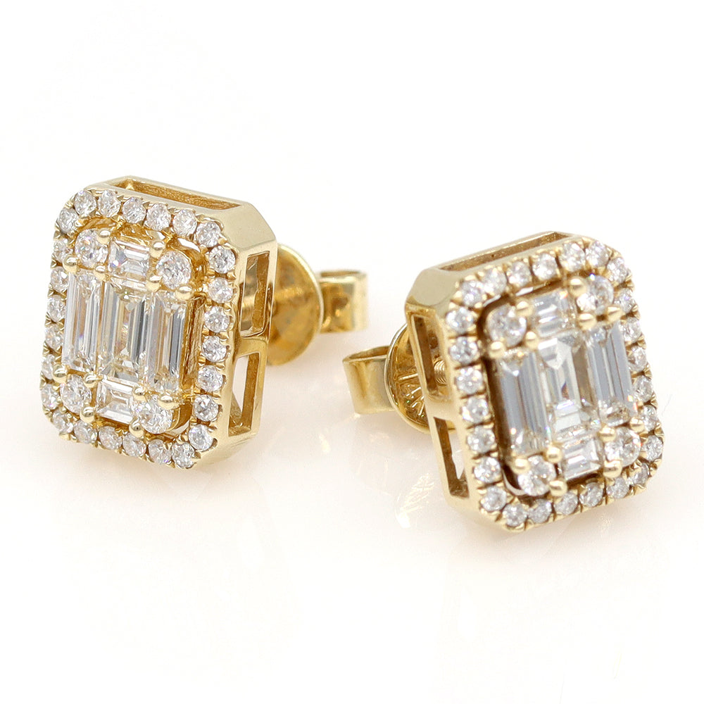 Round Natural Diamond Cluster Baguette Earrings in 14k Yellow Gold