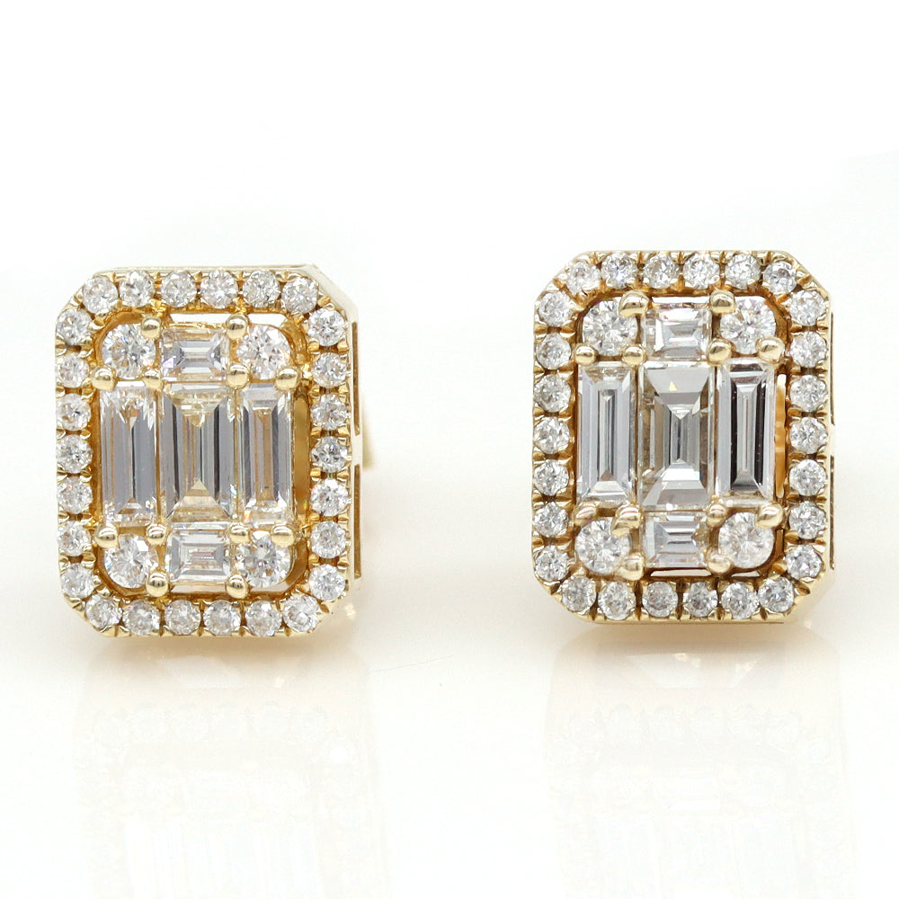 Round Natural Diamond Cluster Baguette Earrings in 14k Yellow Gold