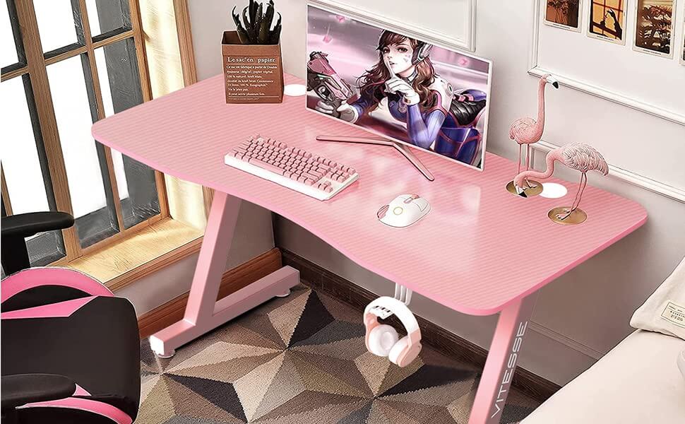 Vitesse 40" Cute Pink Ergonomic Gaming Desk with Headphone Hook ZD02
