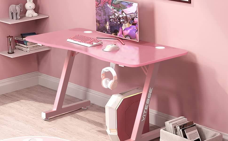Vitesse 40" Cute Pink Ergonomic Gaming Desk with Headphone Hook ZD02