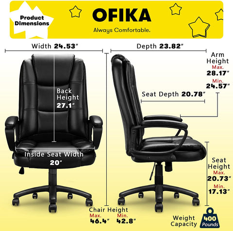 OFIKA High Back Heavy Duty Executive Office PC Chair, 400LBS 8Hours, Black OFC01