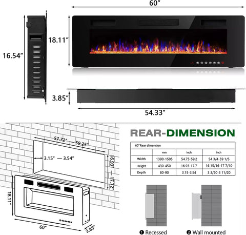 Vitesse 60 inch Wall Mounted & Recessed Electric Fireplace VFP04, 750W-1500W