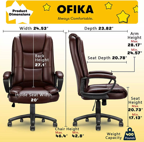 OFIKA High Back Heavy Duty Executive Office PC Chair, 400LBS 8Hours, Brown OFC02