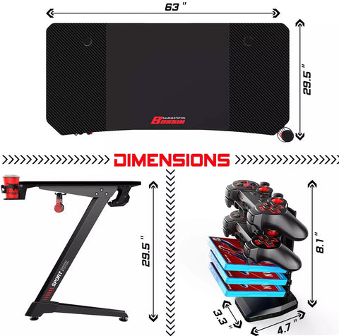 Vitesse 63 inch z-shaped gaming desk dimension