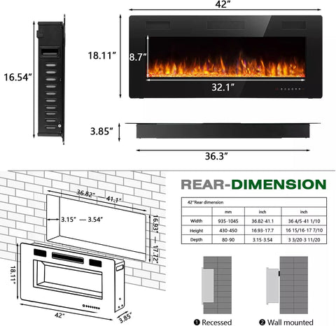 Vitesse 42 inch Wall Mounted & Recessed Electric Fireplace VFP02, 750W-1500W