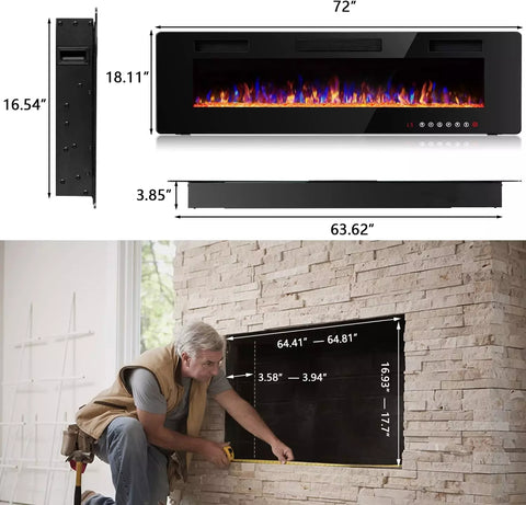 Vitesse 72 inch Wall Mounted & Recessed Electric Fireplace VFP06 Dimension