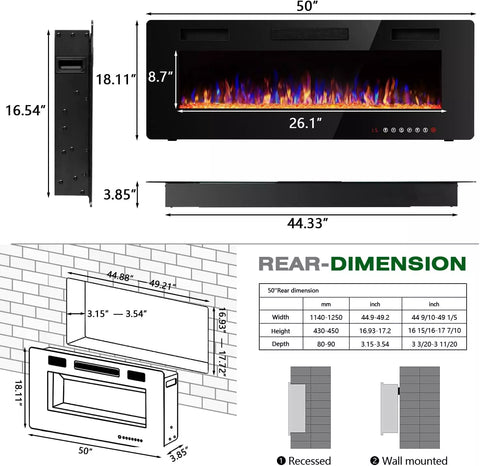 Vitesse 50 inch Wall Mounted & Recessed Electric Fireplace VFP03, 750W-1500W