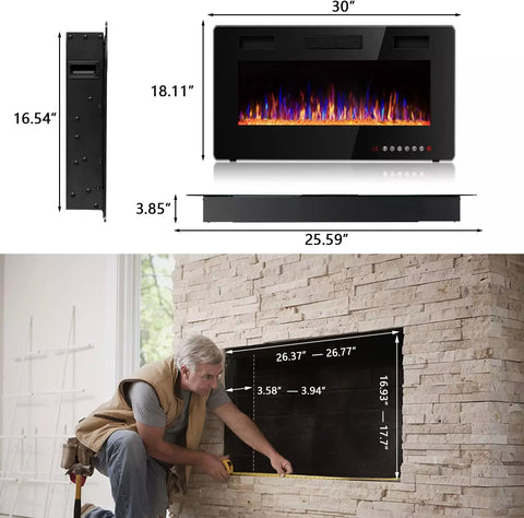 Vitesse 30 inch Wall Mounted & Recessed Electric Fireplace VFP01 Dimension