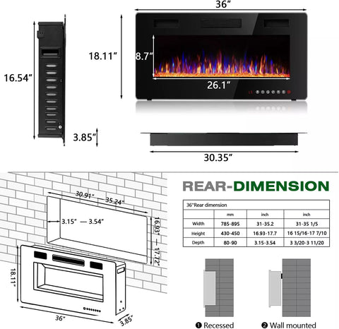 Vitesse 36 inch Wall Mounted & Recessed Electric Fireplace VFP01, 750W-1500W