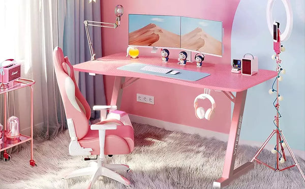 VITESSE 40" Z-Shaped Pink Gaming Desk, Cute Kawaii Gaming Table for Girls ZD02