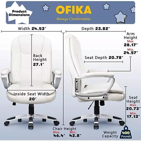 OFIKA High Back Heavy Duty Executive Office PC Chair, 400LBS 8Hours, White OFC03