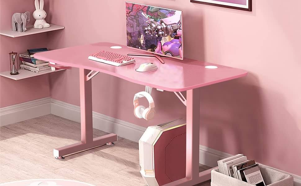 Vitesse 40" Cute Pink T-Shaped Gaming Desk with Headphone Hook TD05