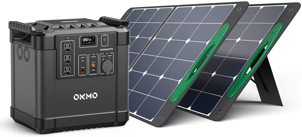 OKMO Solar Generator 2000W, 2220Wh(5000W Peak) Portable Power Station and 2X OS 100W, Electric Solar Generator Outage Emergency Power Supply for Home Outdoor CPAP, Camping Travel RV/Van Explore