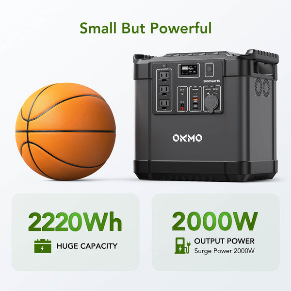 OKMO 2000W portable power station provides high capacity up to 2220wh 600000mAh