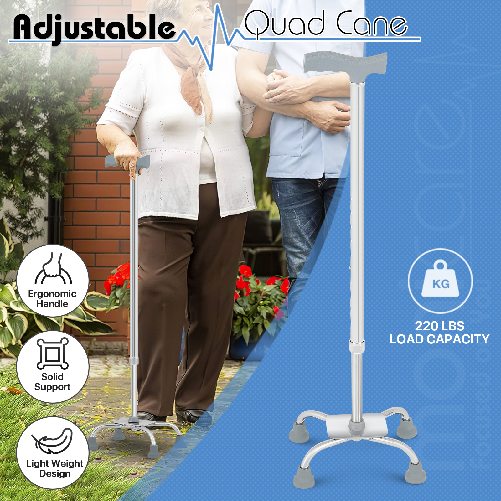 Aluminum Alloy Quad Cane - 25'-34' 10 Gears Height Adjustable - Silver