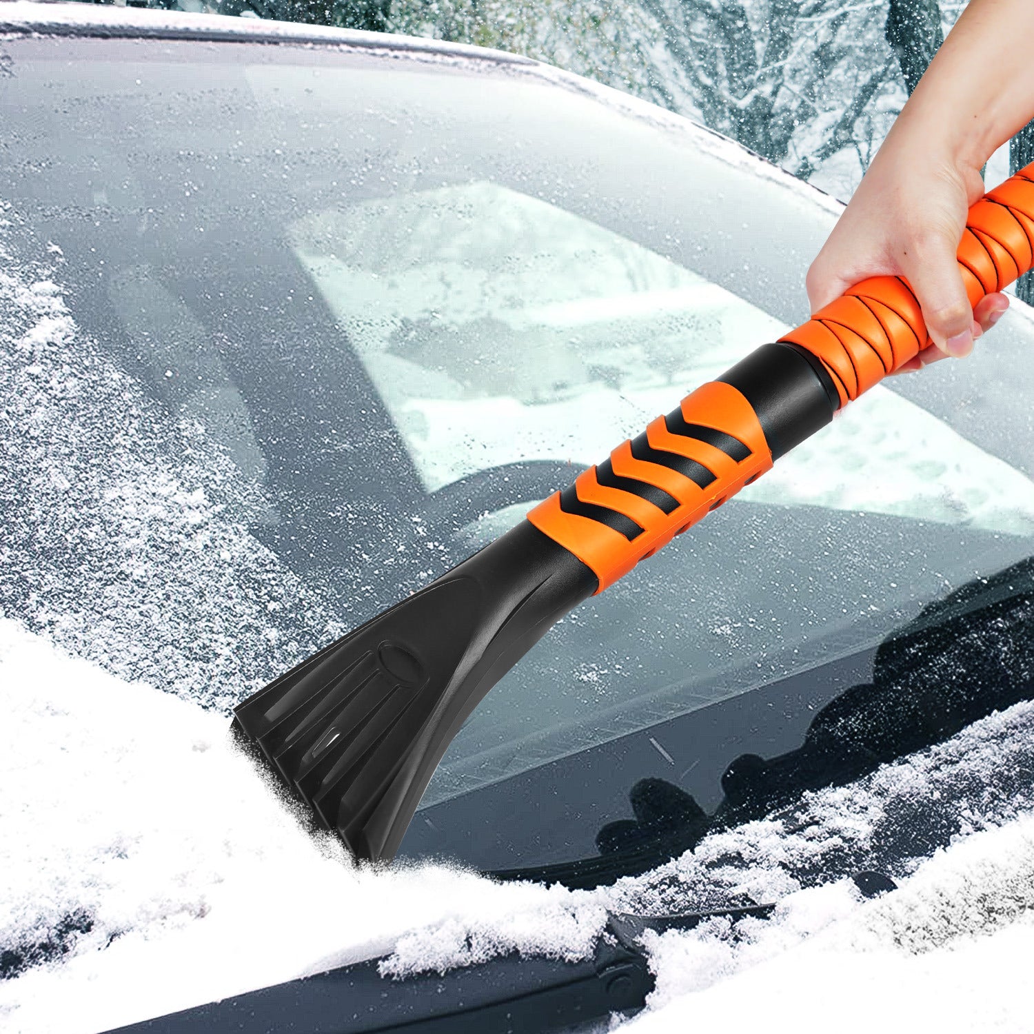 4 in 1 Snow Scraper for Car - 2.5 to 3.5 FT Height - Black Orange