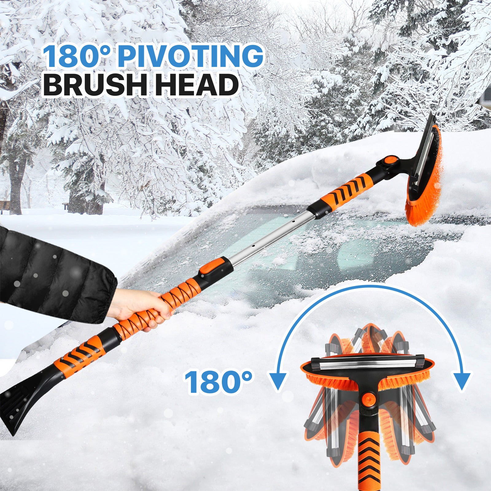 4 in 1 Snow Scraper for Car - 2.5 to 3.5 FT Height - Black Orange