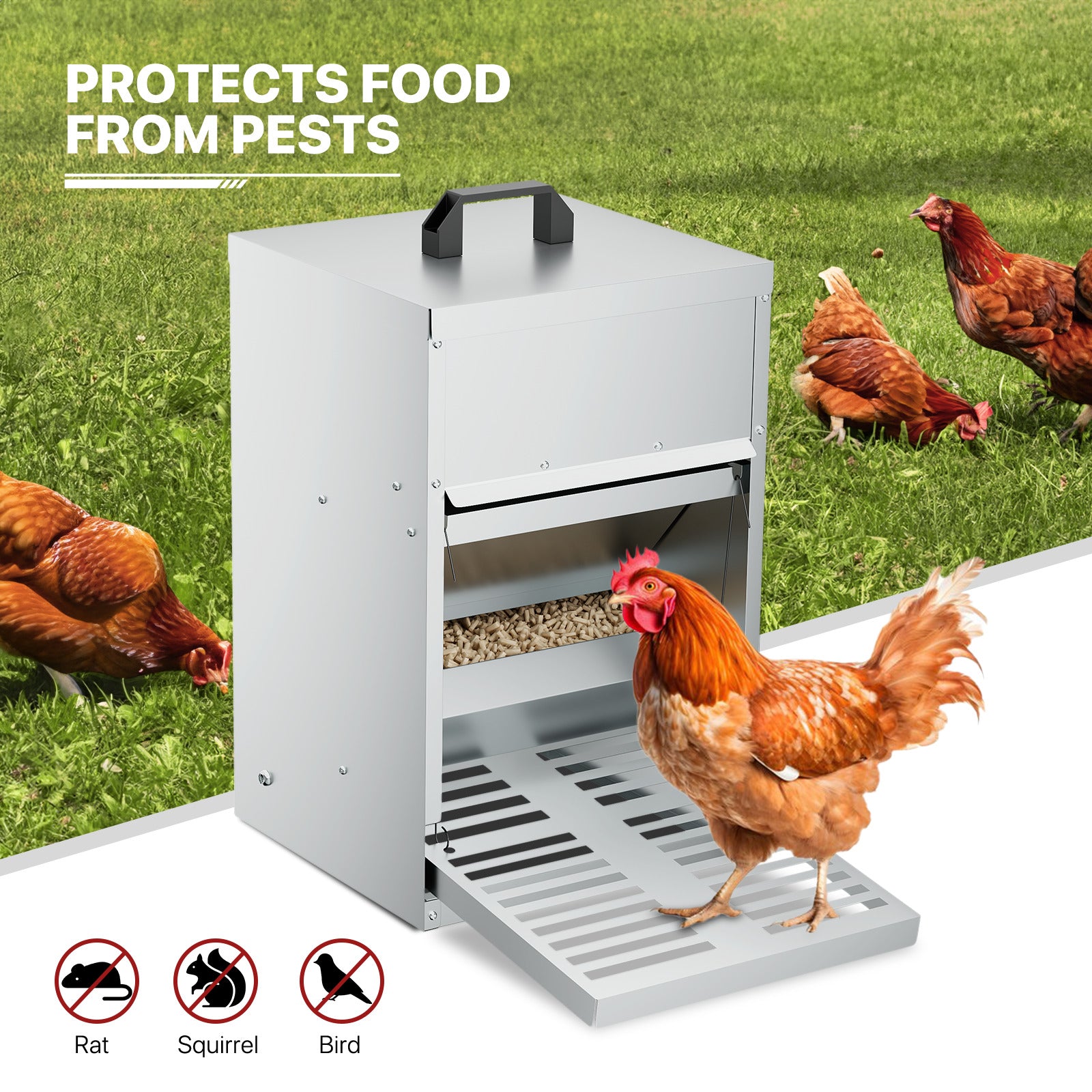 Automatic Chicken Feeder - 33lbs Capacity - Silver - with Waterproof Lid