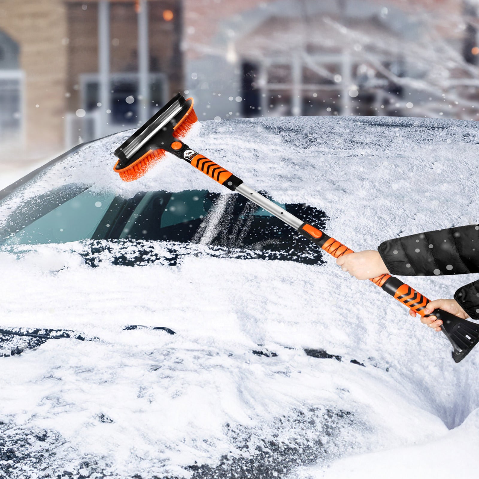 4 in 1 Snow Scraper for Car - 2.5 to 3.5 FT Height - Black Orange