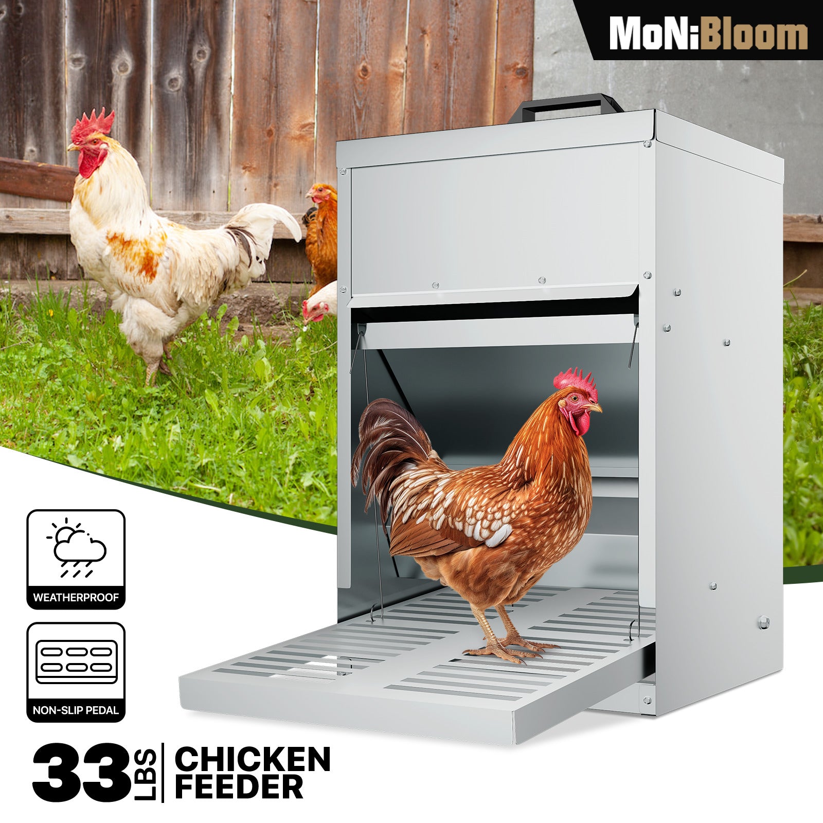 Automatic Chicken Feeder - 33lbs Capacity - Silver - with Waterproof Lid