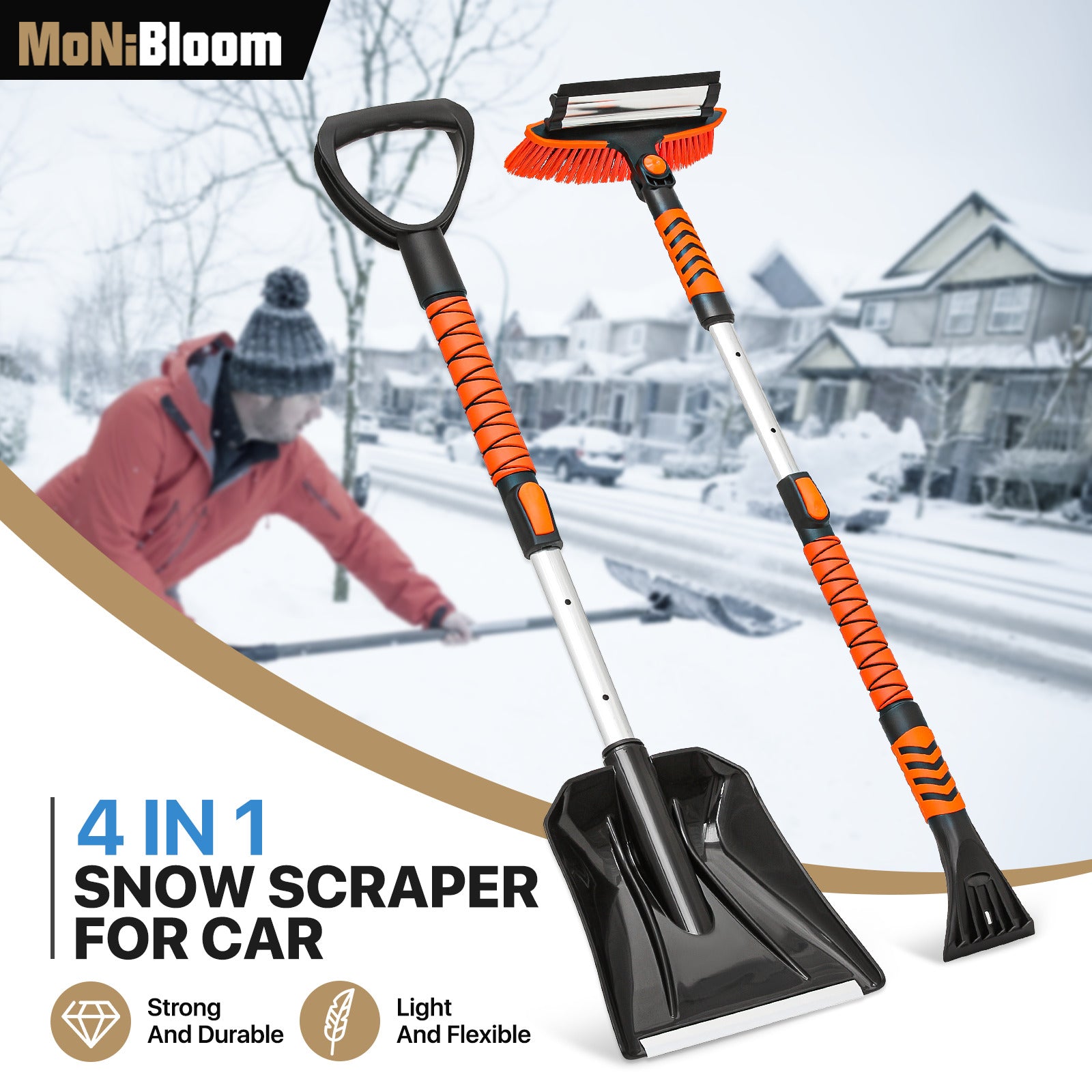 4 in 1 Snow Scraper for Car - 2.5 to 3.5 FT Height - Black Orange
