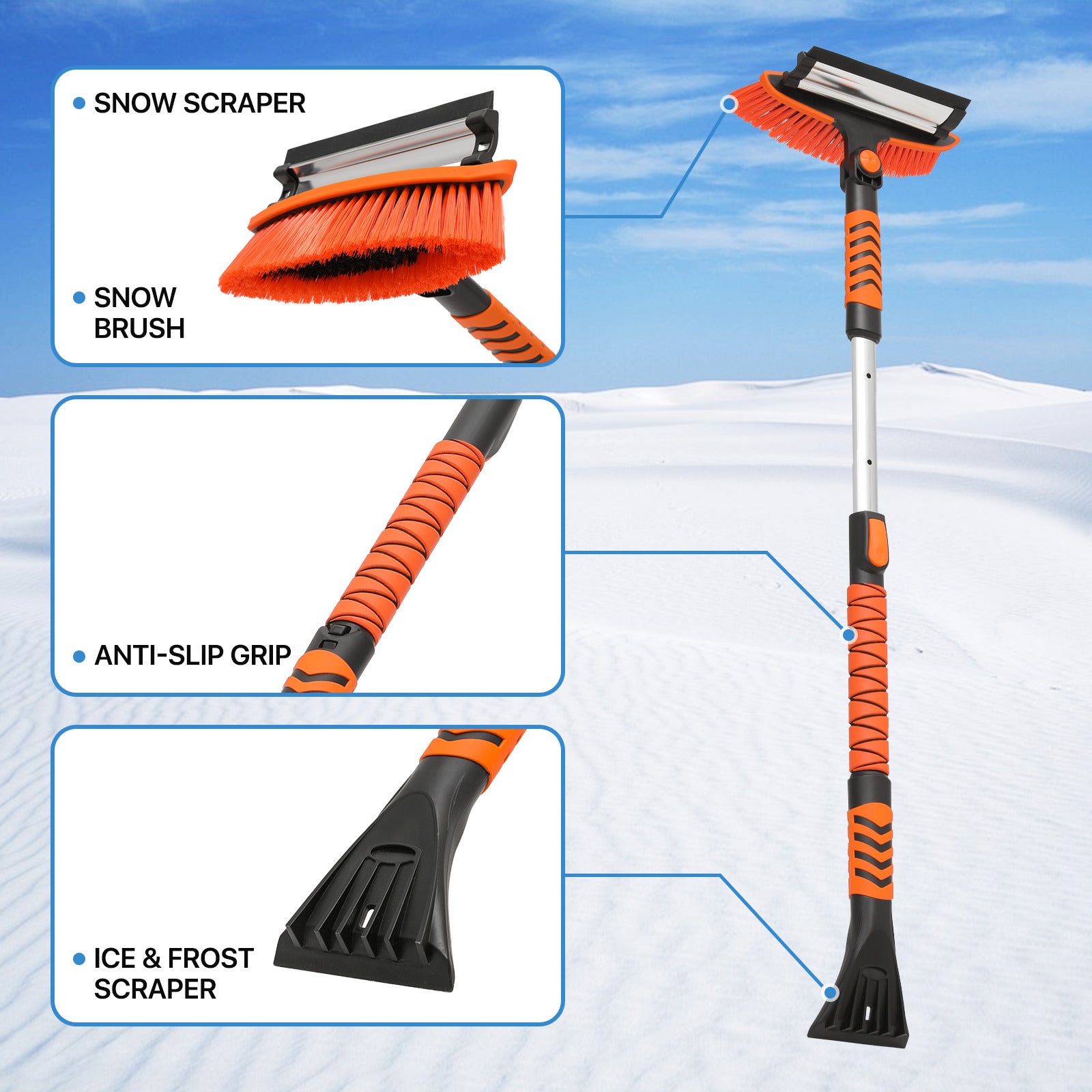 4 in 1 Snow Scraper for Car - 2.5 to 3.5 FT Height - Black Orange