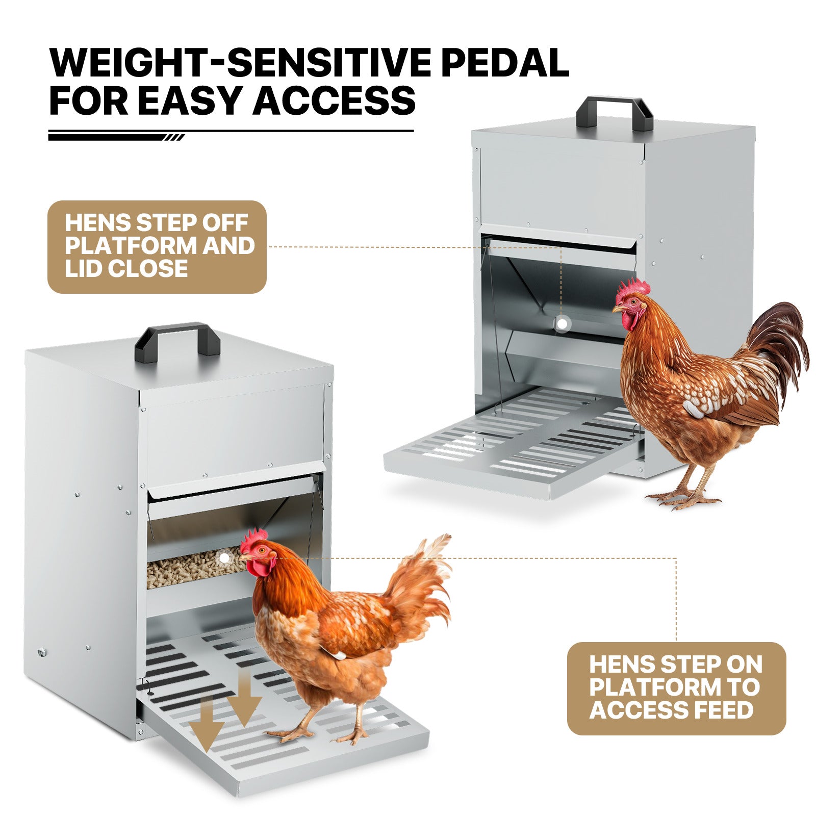 Automatic Chicken Feeder - 33lbs Capacity - Silver - with Waterproof Lid
