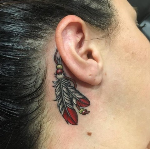 Feather Tattoo Behind the Ear