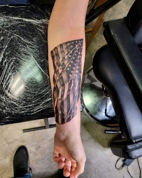 Mountainside Tattoo  Piercing VT  Did this American flag forearm tattoo  yesterday tattoo tattoobyalex americanflagtattoo colortattoo  tattoosleeve  Facebook